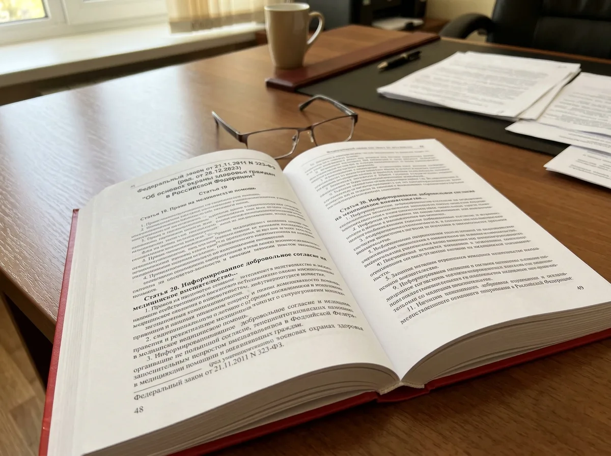 Страница федерального закона 323-ФЗ о правах пациентов, раскрытая книга на столе юриста