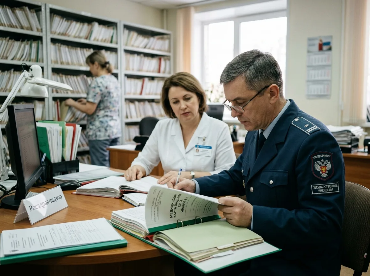 Инспектор Росздравнадзора проверяет медицинскую документацию в клинике