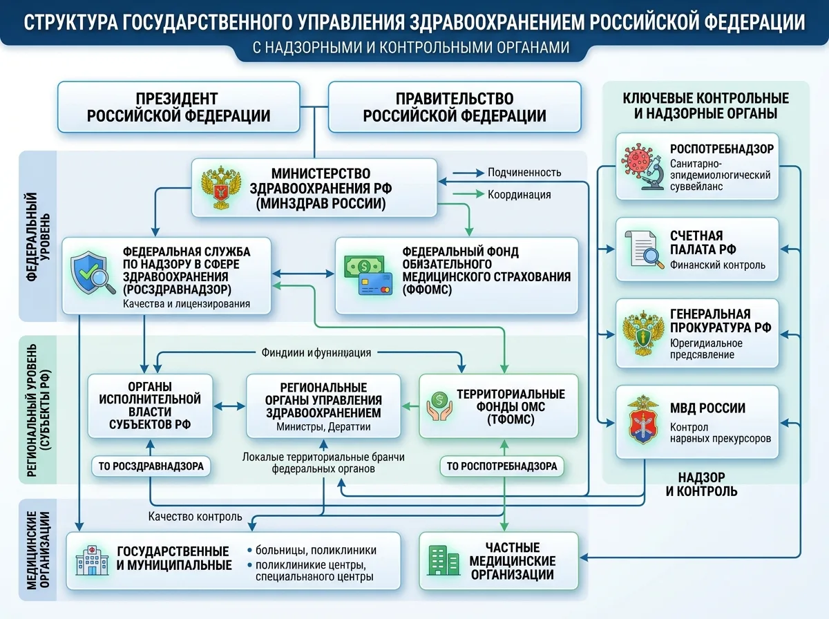 Схема структуры государственного управления здравоохранением России с органами надзора и контроля